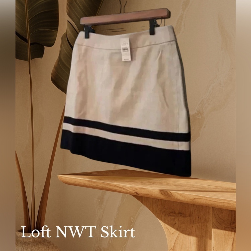 LOFT Tan A-Line Skirt Size 4 NWT Linen‎ Blend Contrast Hem Classic Work Chic